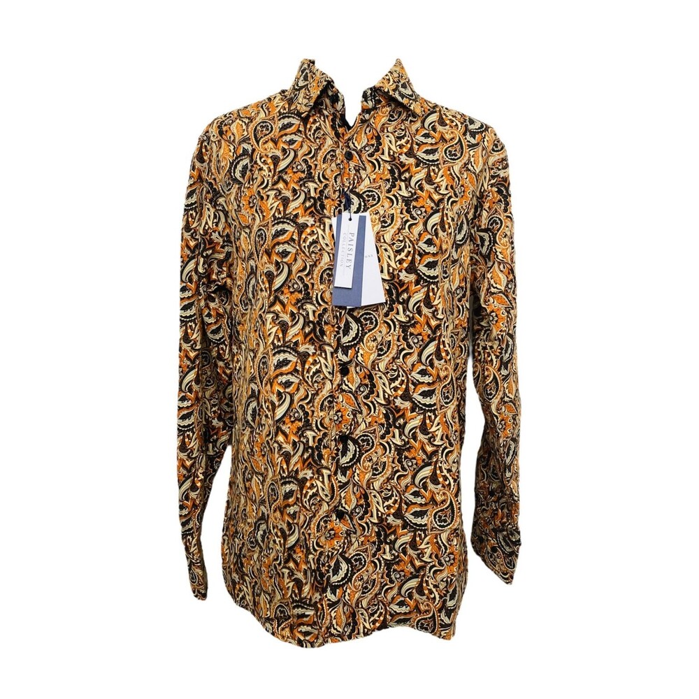 Silver Stone Men’s Shirt Orange Paisley Col. Button-Down Modern Fit Size Large